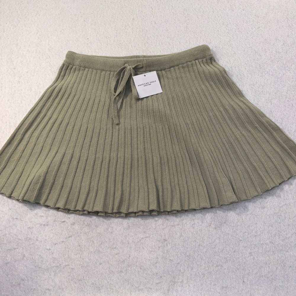 American Eagle Pleated Knit Mini Skirt Women Small Sage Green New W/ Tag Ribbed